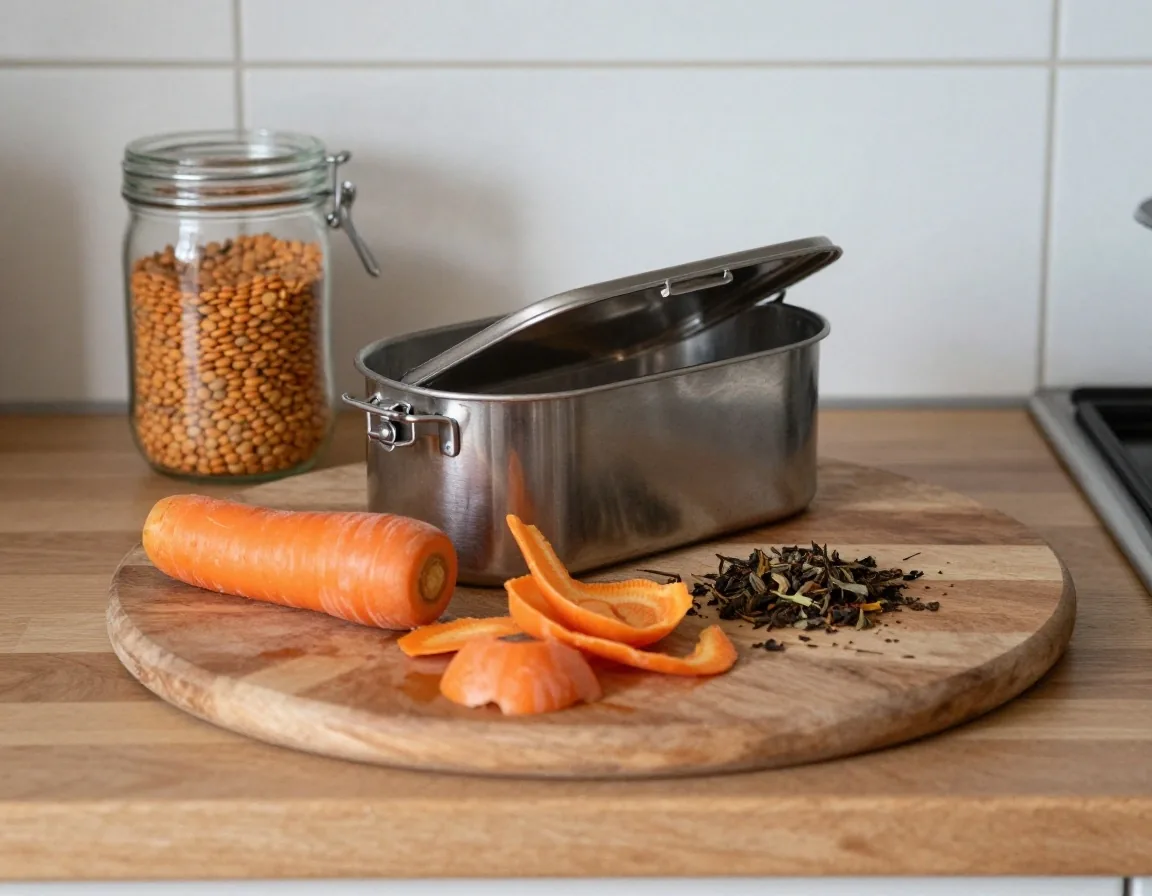 A home compost caddy on a kitchen counter with vegetable peelings ready to be added