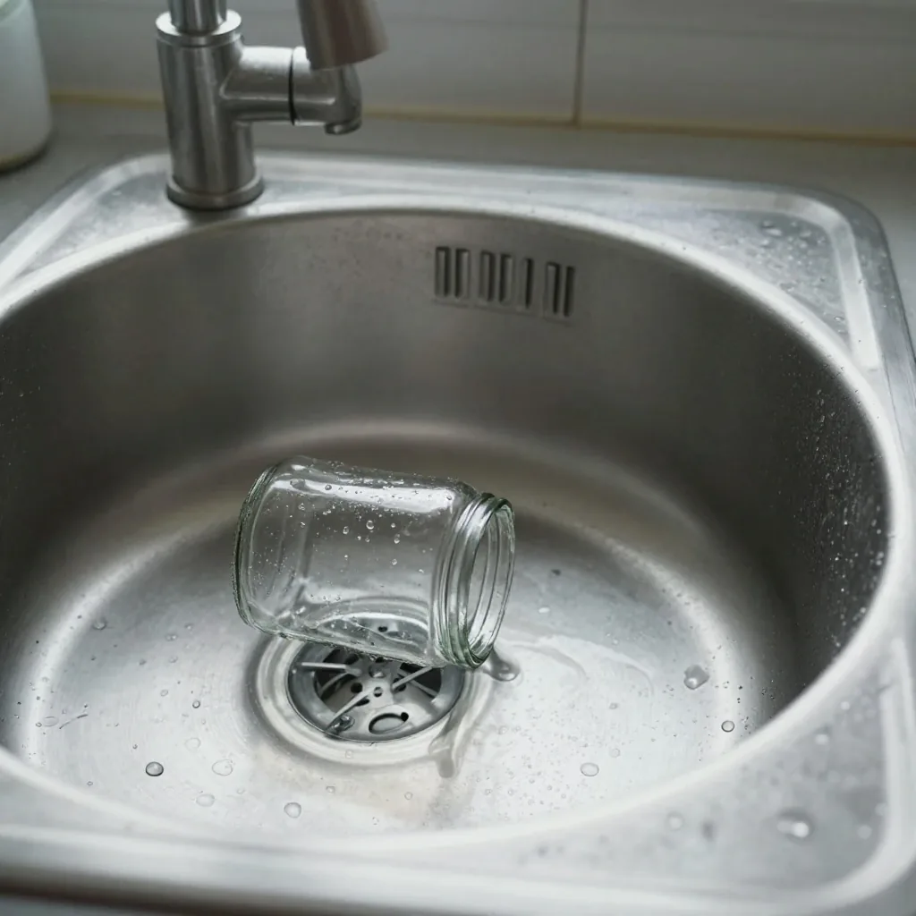 A reused glass jar left to dry beside its lid on a steel work surface
