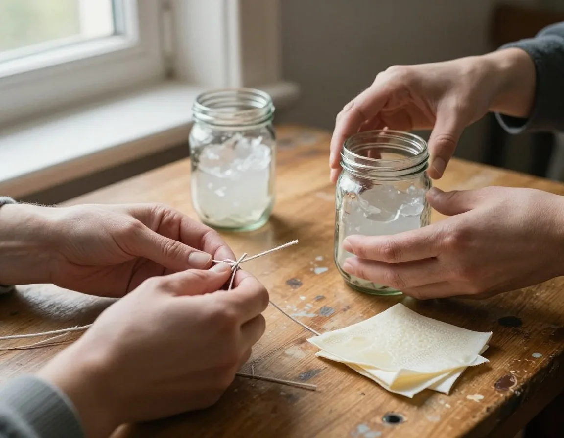 Hands darning a jumper and sorting washed glass jars on a home workbench