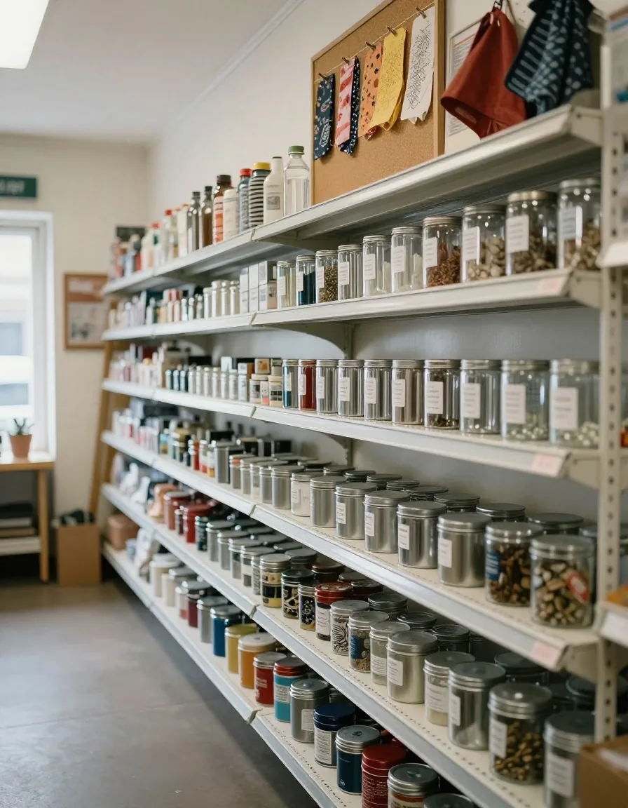 Steel and glass refill tins lined up on a shelf at a neighbourhood refill counter