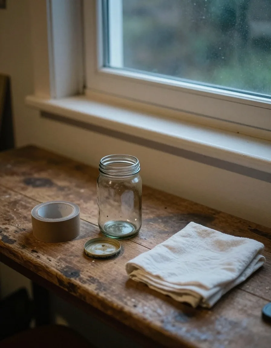 A workbench in The Rework Room studio with a reused glass jar, cotton cloth and brown paper tape laid out for packaging