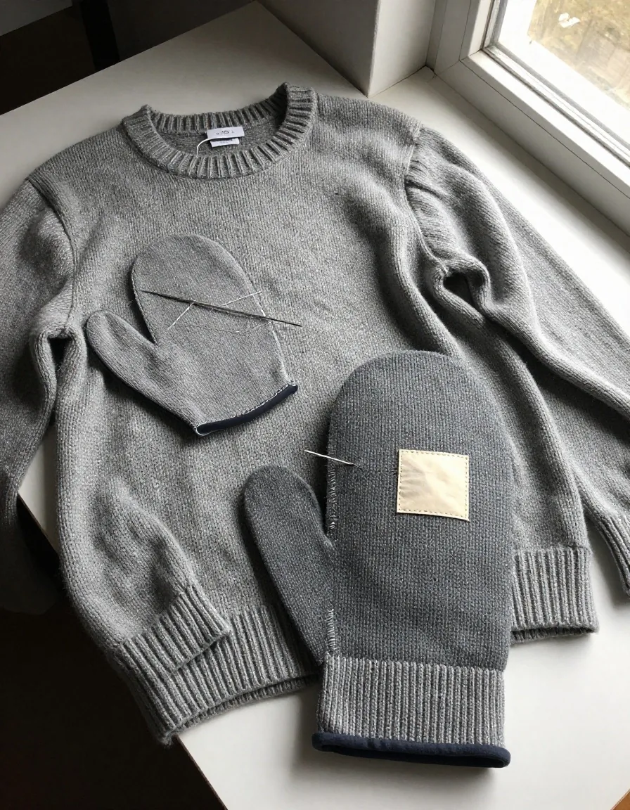 A worn jumper and cut mitten shapes laid out for reworking