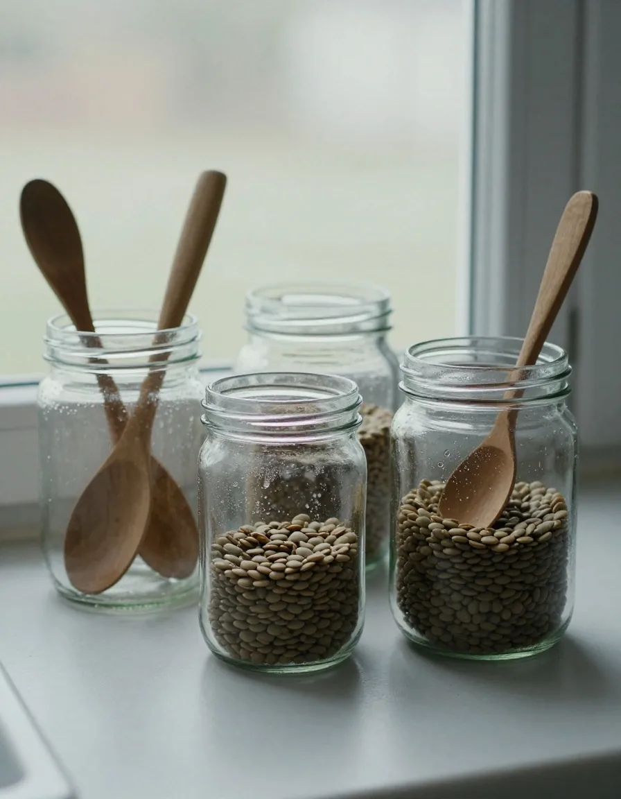 Glass jars cleaned and reused as storage on a workbench