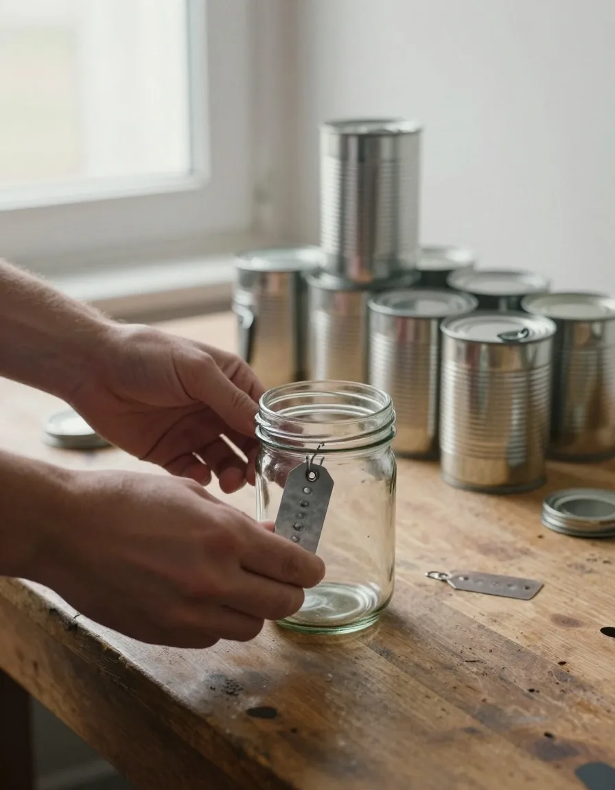 Hands riveting a steel tag onto a reused glass jar at a workbench