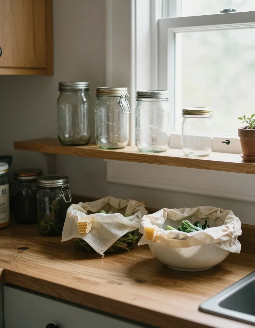Reused glass containers and a beeswax wrap on a kitchen worktop