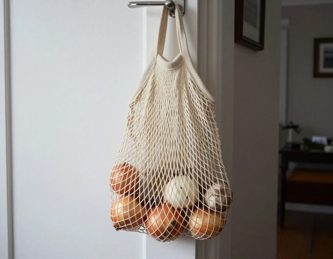 A cotton produce bag and a mesh produce bag hanging by a door beside a canvas shopping tote