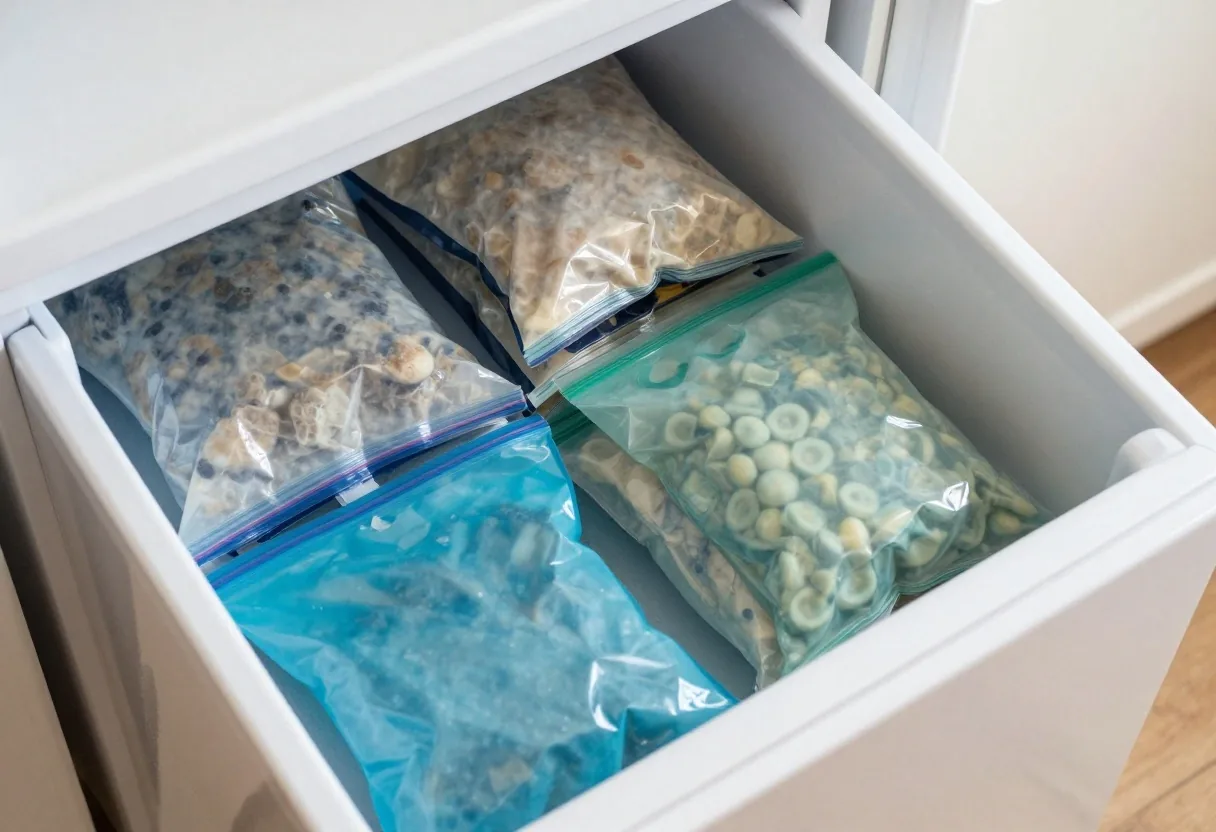 Reused freezer bags and silicone bags holding portioned food in a home freezer drawer