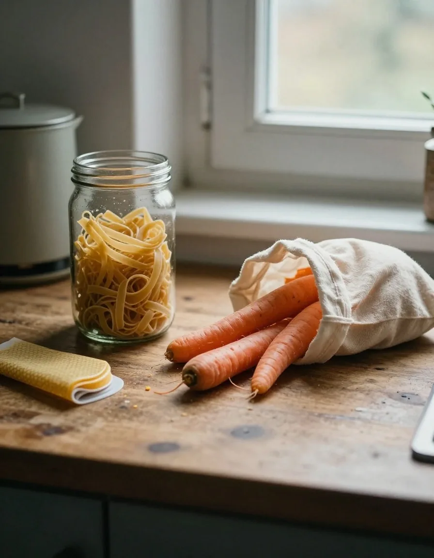 Reused glass jars, a beeswax wrap, a cotton produce bag and a silicone lid laid out on a kitchen workbench