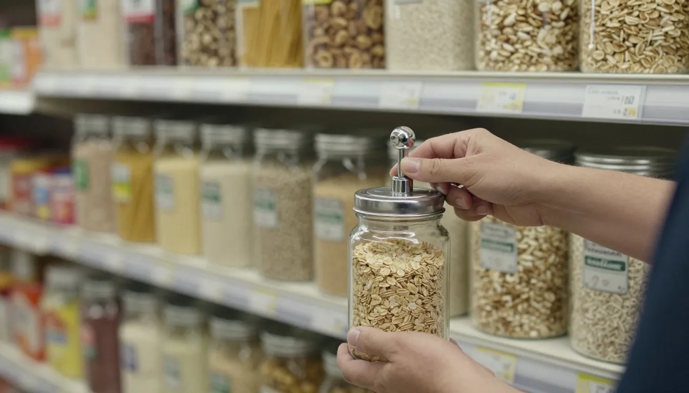 Steel gravity bins of rice, pasta, oats and nuts at a refill shop counter with a glass jar being filled