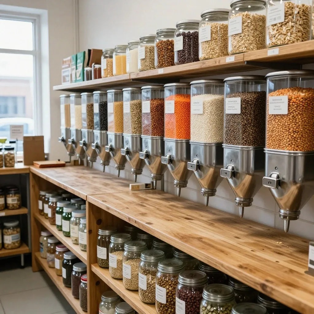 A row of steel gravity dispensers holding dried grains with empty jars waiting on the counter