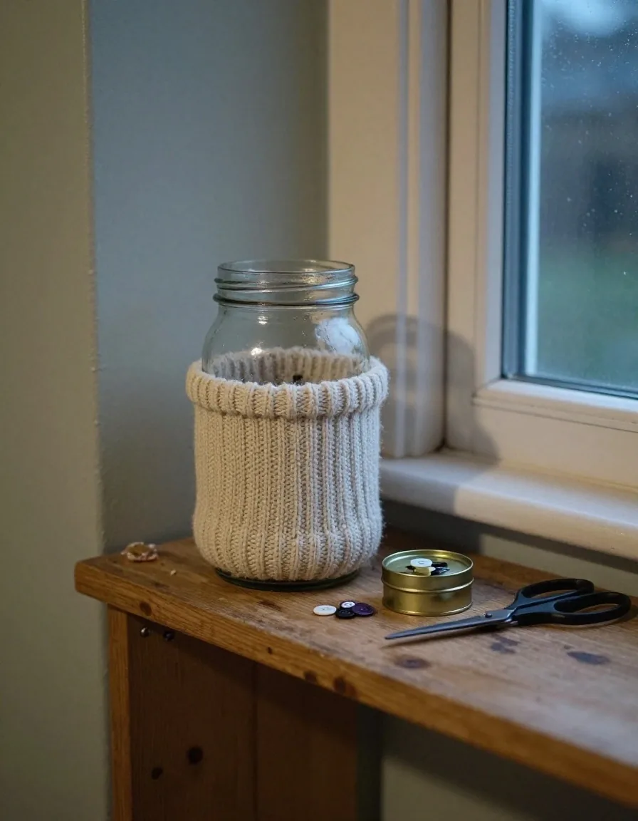 A reused glass jar being labelled on a kitchen worktop with brown paper tape