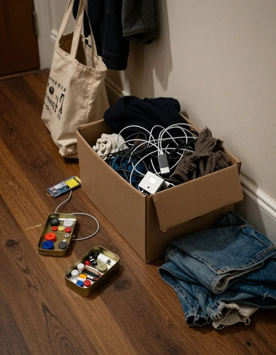 A canvas bag of worn clothes beside a box of cables with a repair kit on the floor