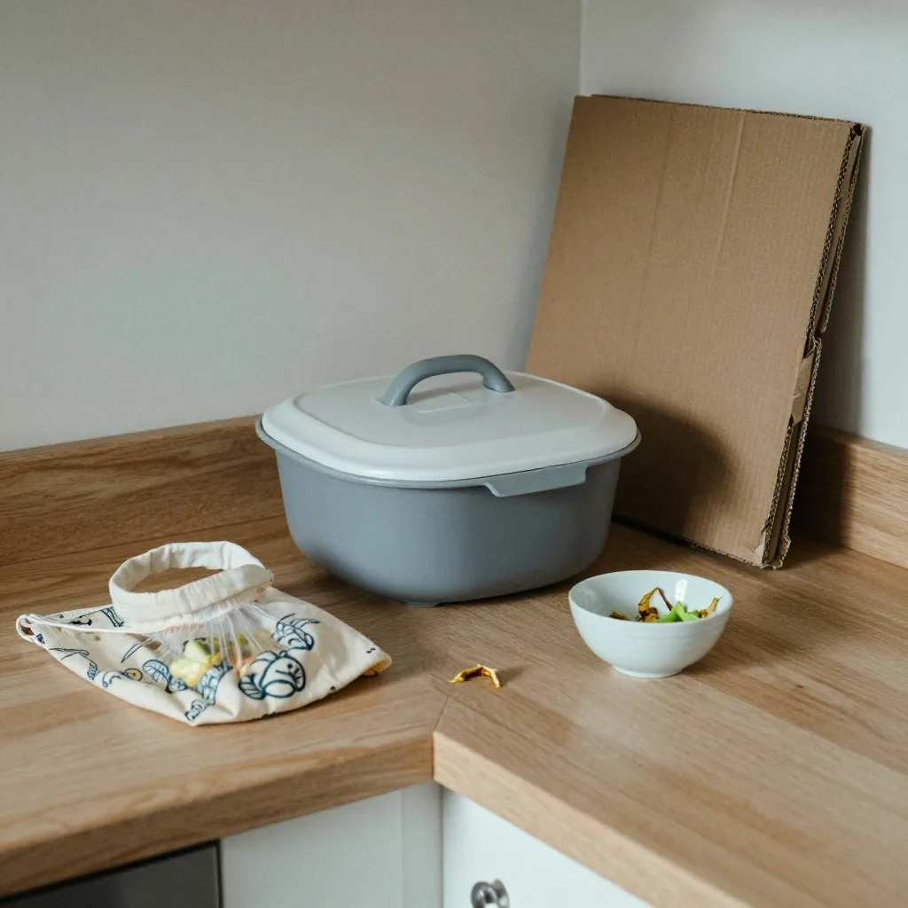 A kitchen bin area with a countertop food waste caddy, flattened cardboard, and a cloth produce bag