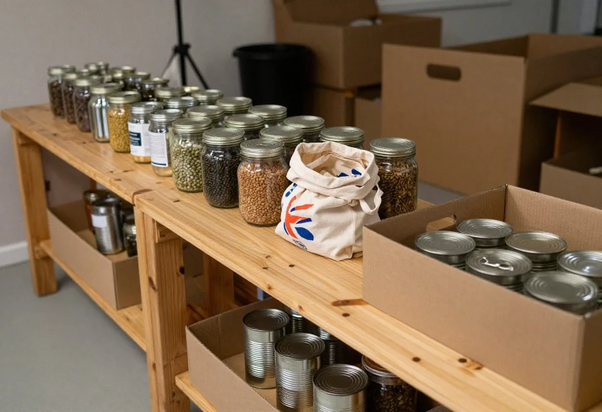 A wooden shelf of steel tins and glass jars on a refill shop counter with brown paper bags