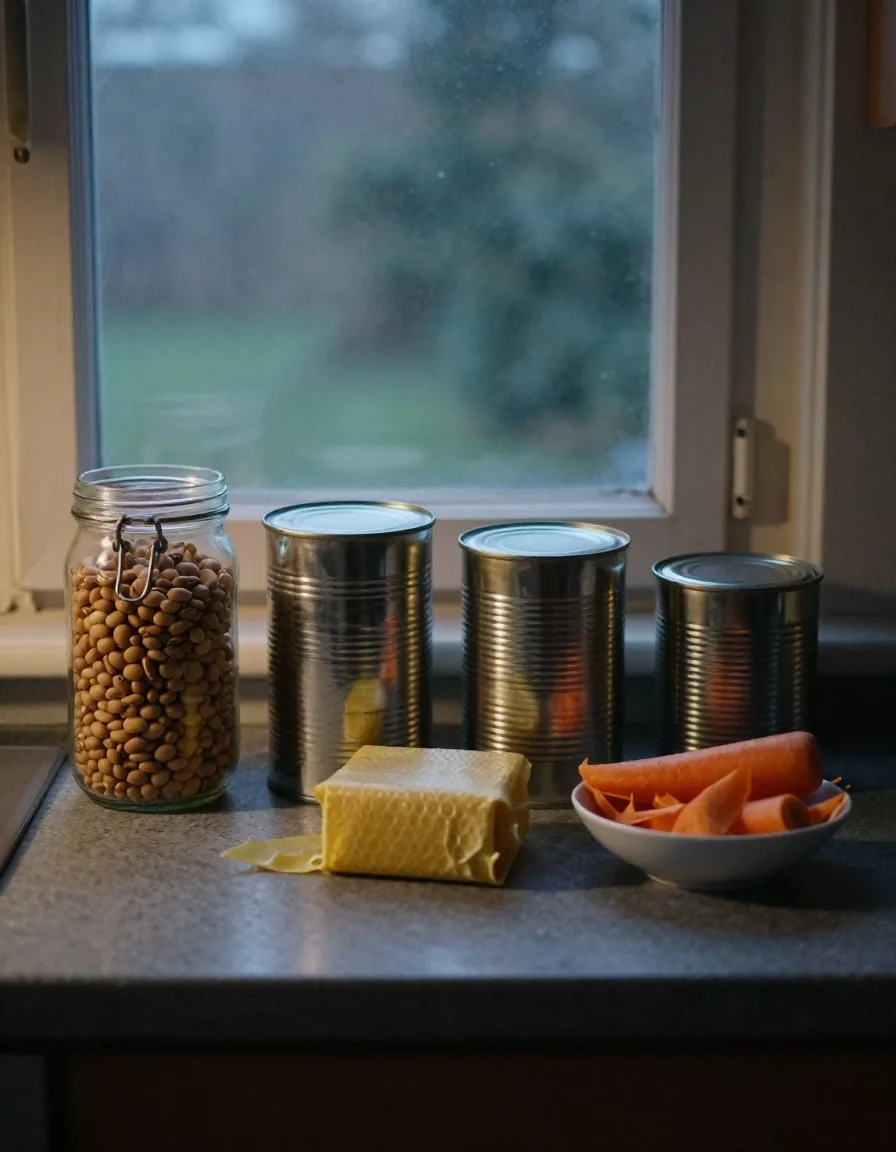 Four reused kitchen containers laid out in a row on a workbench with vegetable peelings
