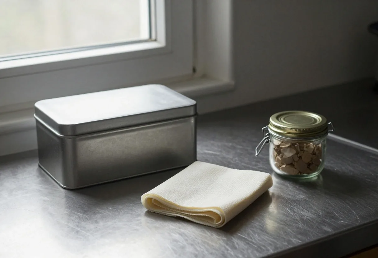 A reused steel tin, a folded beeswax wrap, and a lidded glass jar arranged on a steel work surface
