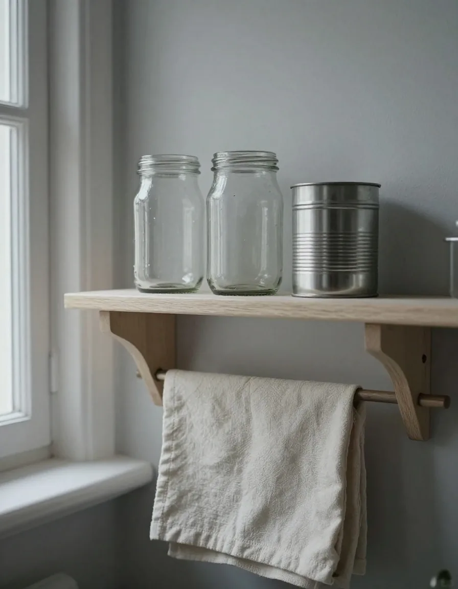Reused glass jars and a steel tin arranged on a small home kitchen shelf