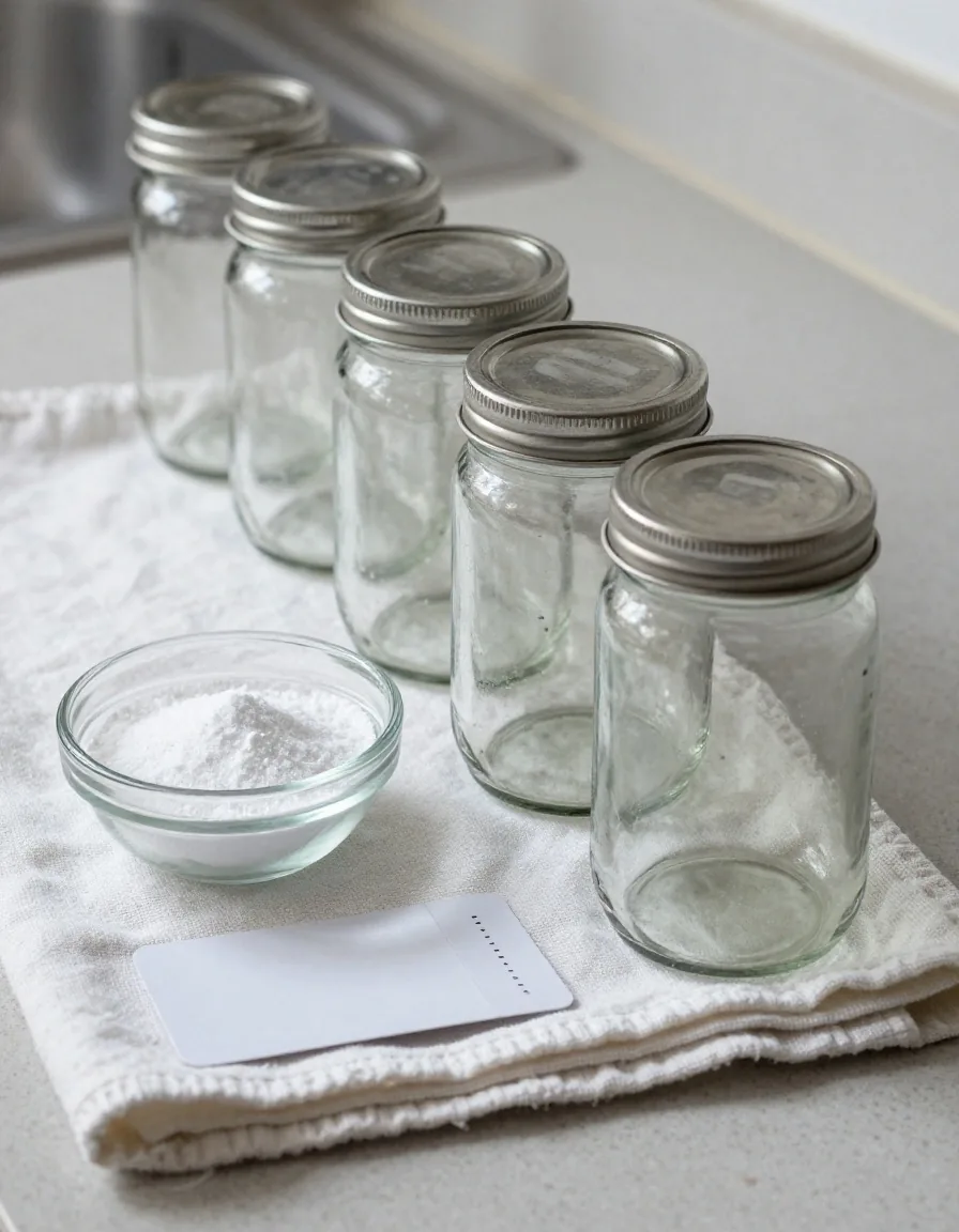 Clean glass jars drying upside down beside a sink with bicarbonate of soda