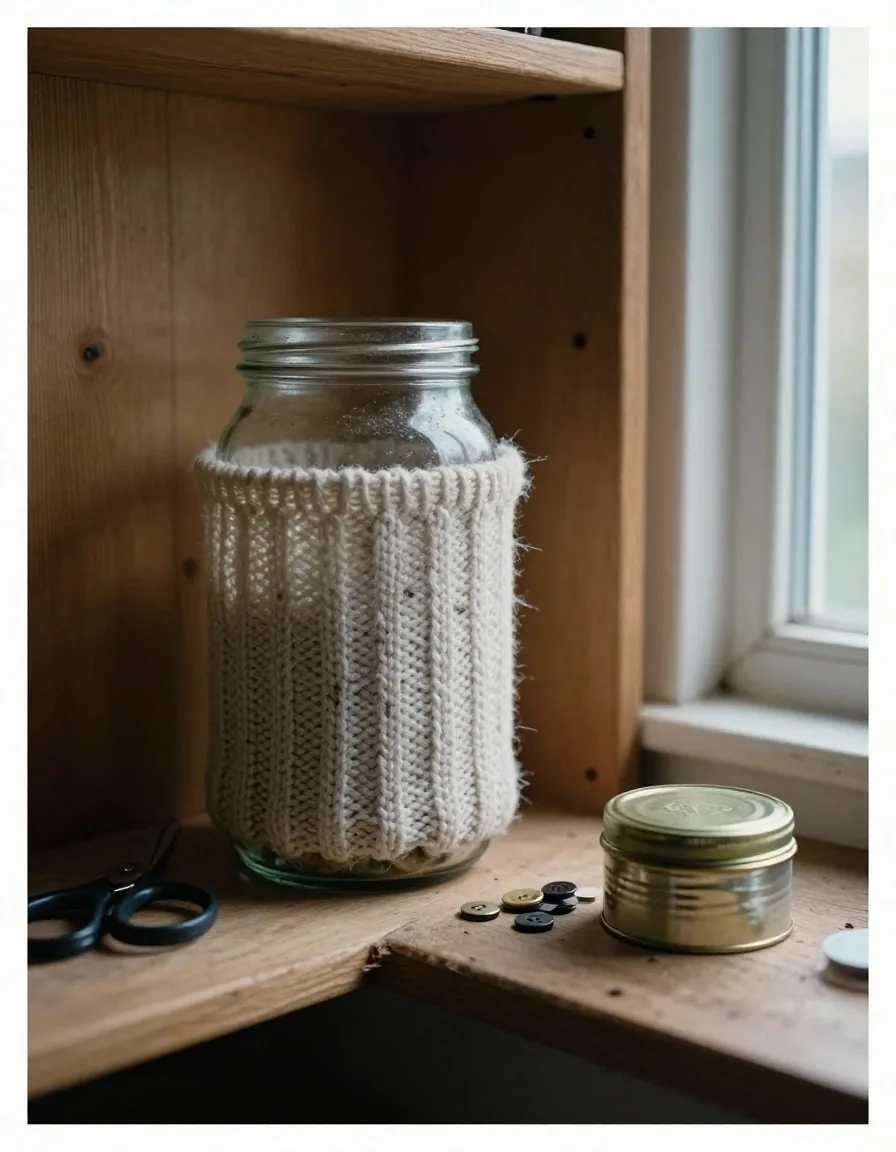 Hands tying twine around a rescued glass jar on a work table