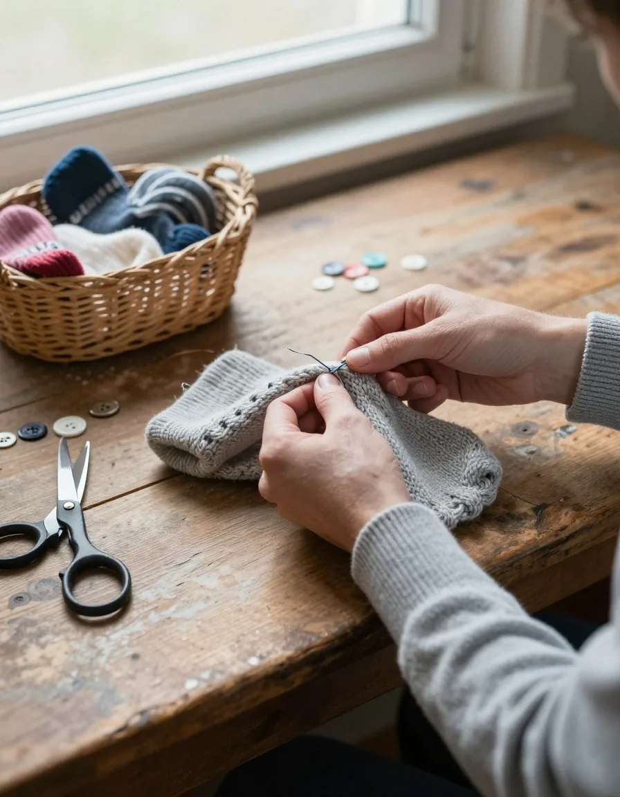 Hands darning the elbow of a knitted jumper at a workbench