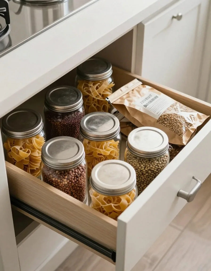 Open kitchen drawer with shoe box dividers holding glass jars of dried pasta and lentils