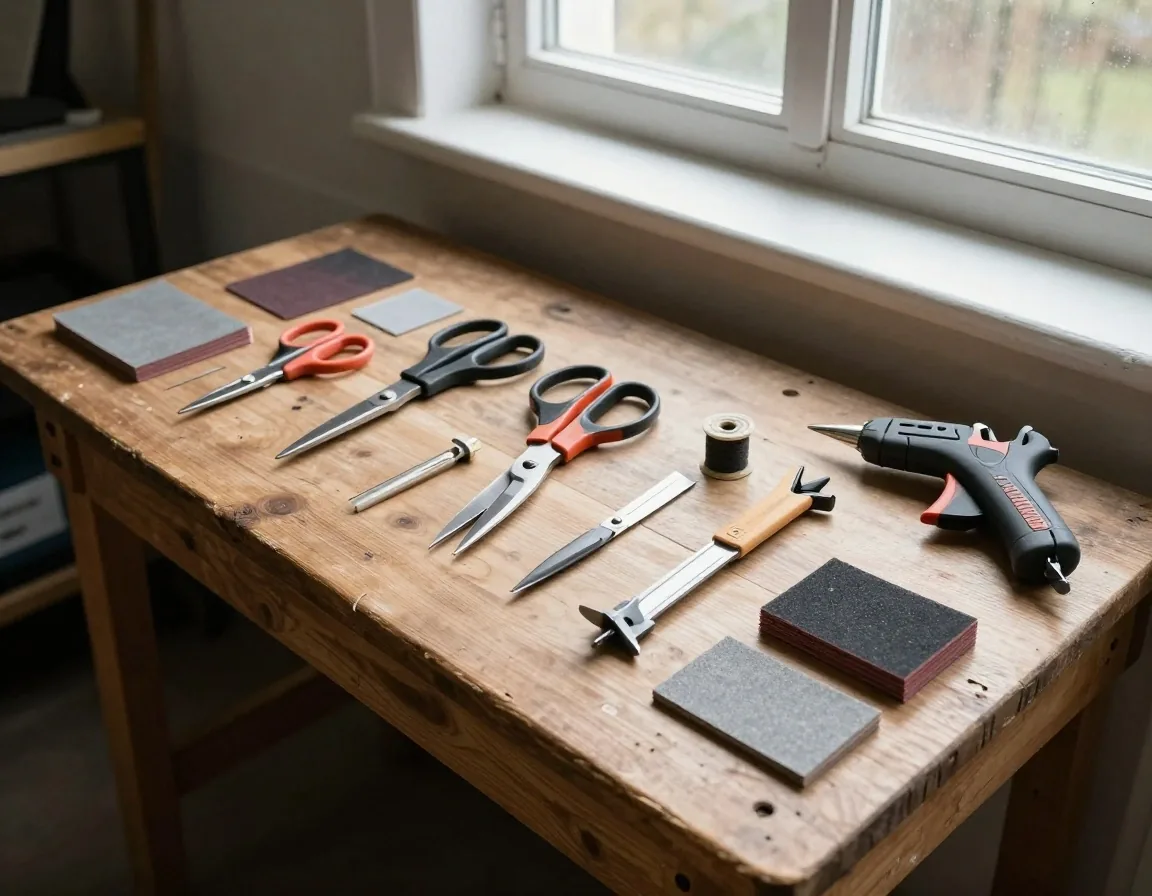 Upcycling toolkit laid out in a row on a steel work surface