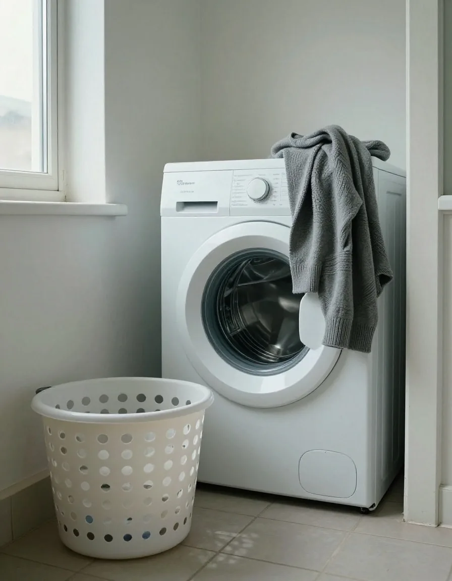 A loaded washing machine drum with a folded jumper resting on the open door