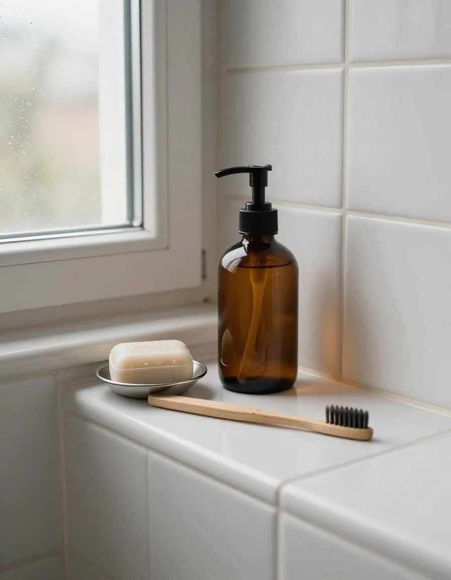 A solid shampoo bar, a refillable soap bottle and a toothbrush on a bathroom shelf