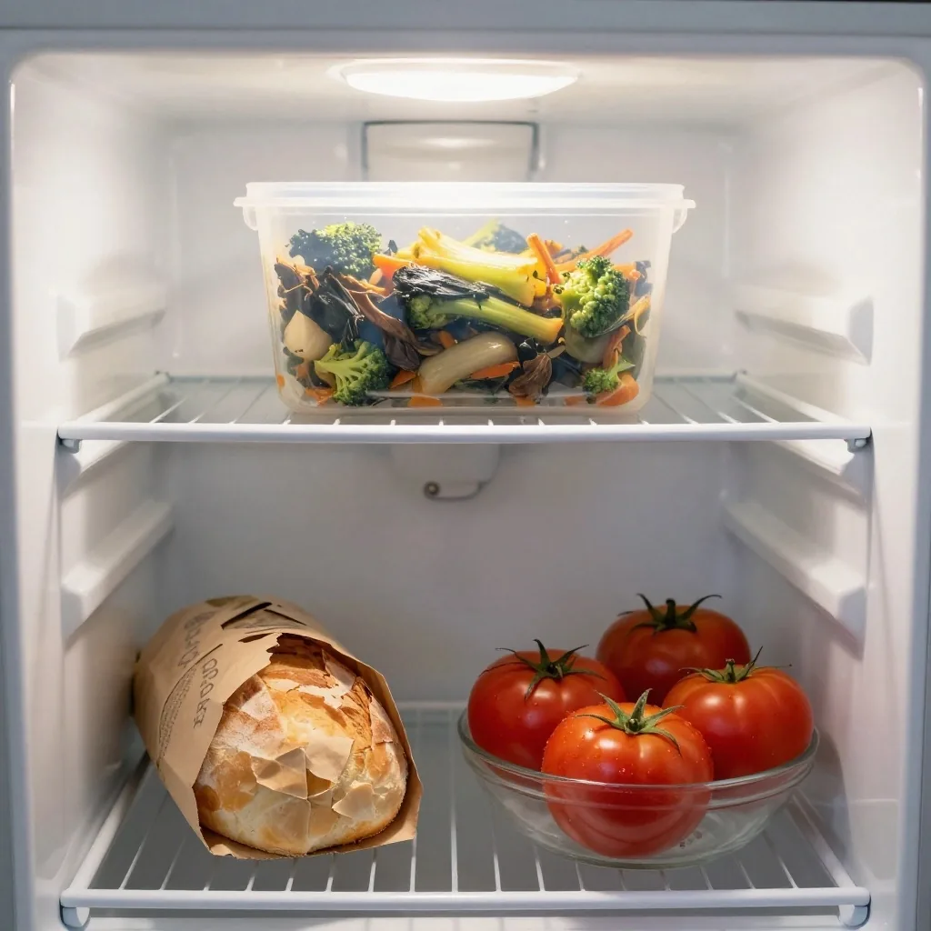 A reused container of leftovers on a fridge shelf beside a paper-wrapped loaf