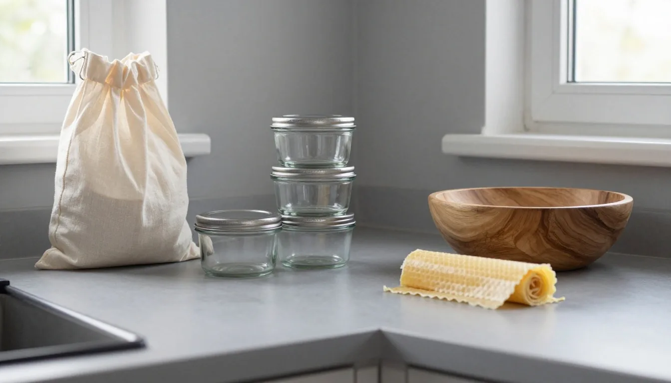 Cloth produce bags, stacked glass containers and a beeswax wrap arranged on a worktop