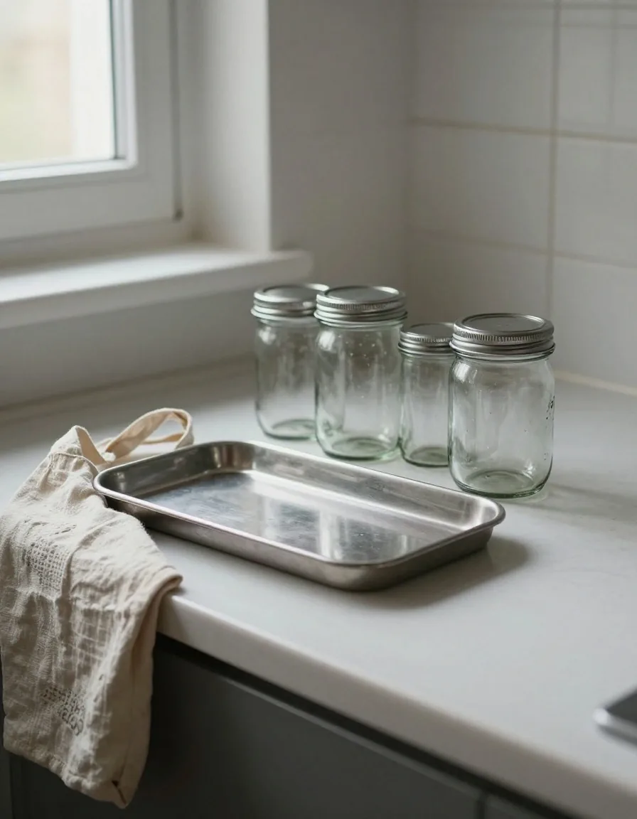 Reused glass jars, a steel tray and a cloth produce bag laid out on a worktop